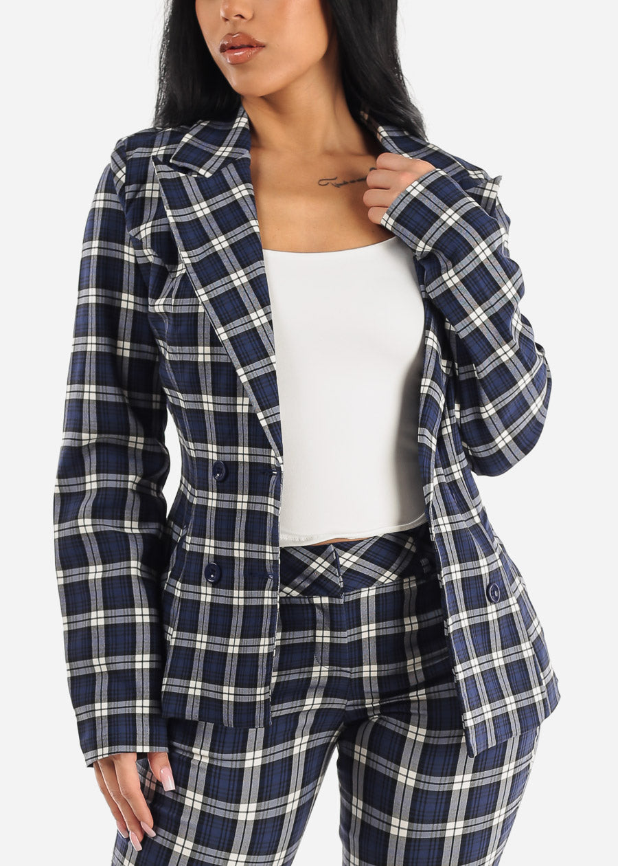 Formal Long Sleeve Plaid Blazer Navy