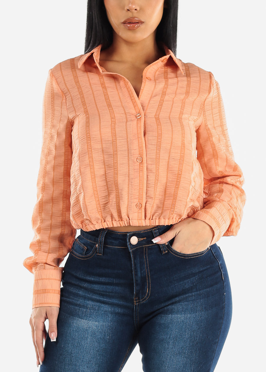 Long Sleeve Button Up Collared Blouse Orange w Drawstring Waist