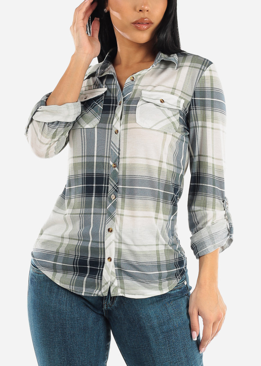 Long Sleeve Button Up Plaid Shirt Sage & Ivory