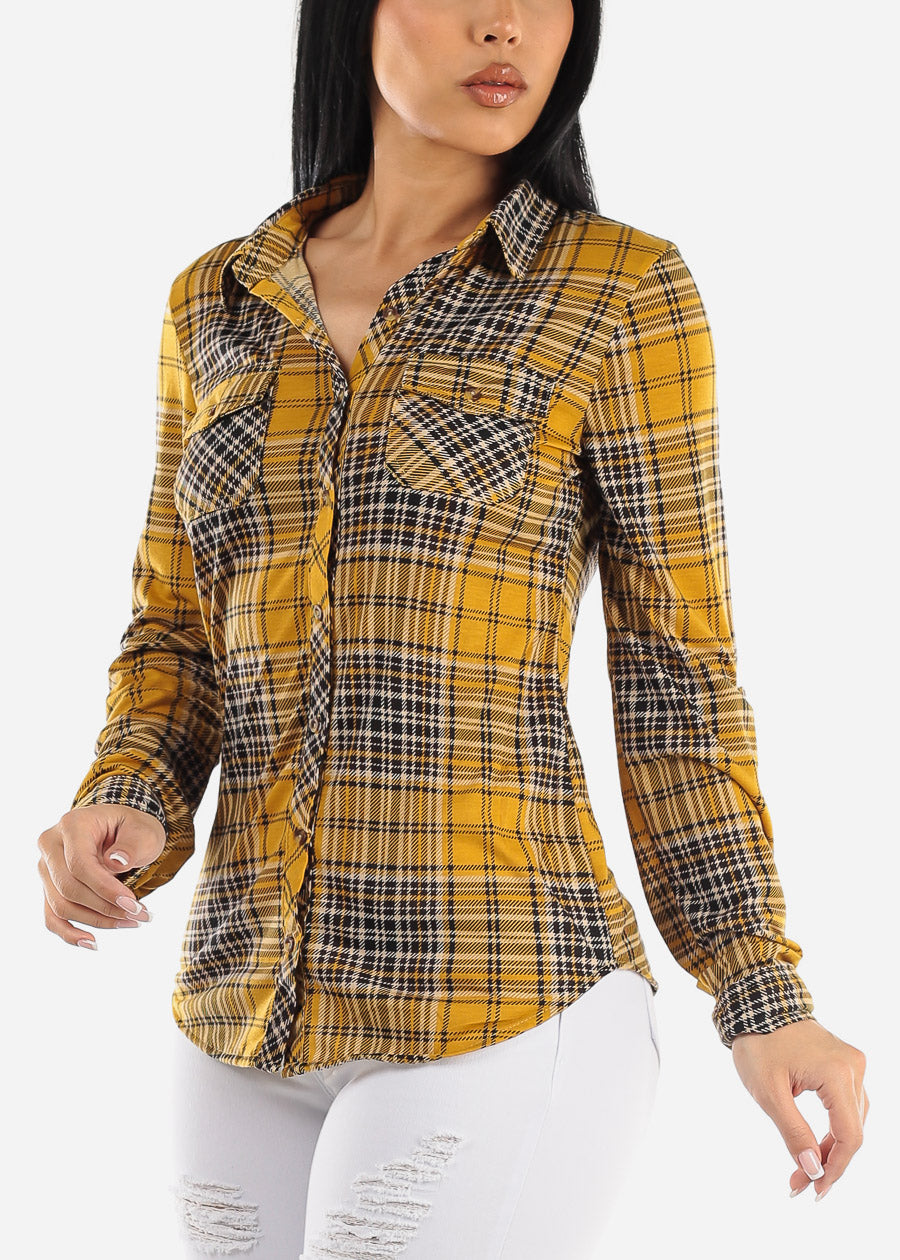 Long Sleeve Button Up Plaid Shirt Mustard & Black