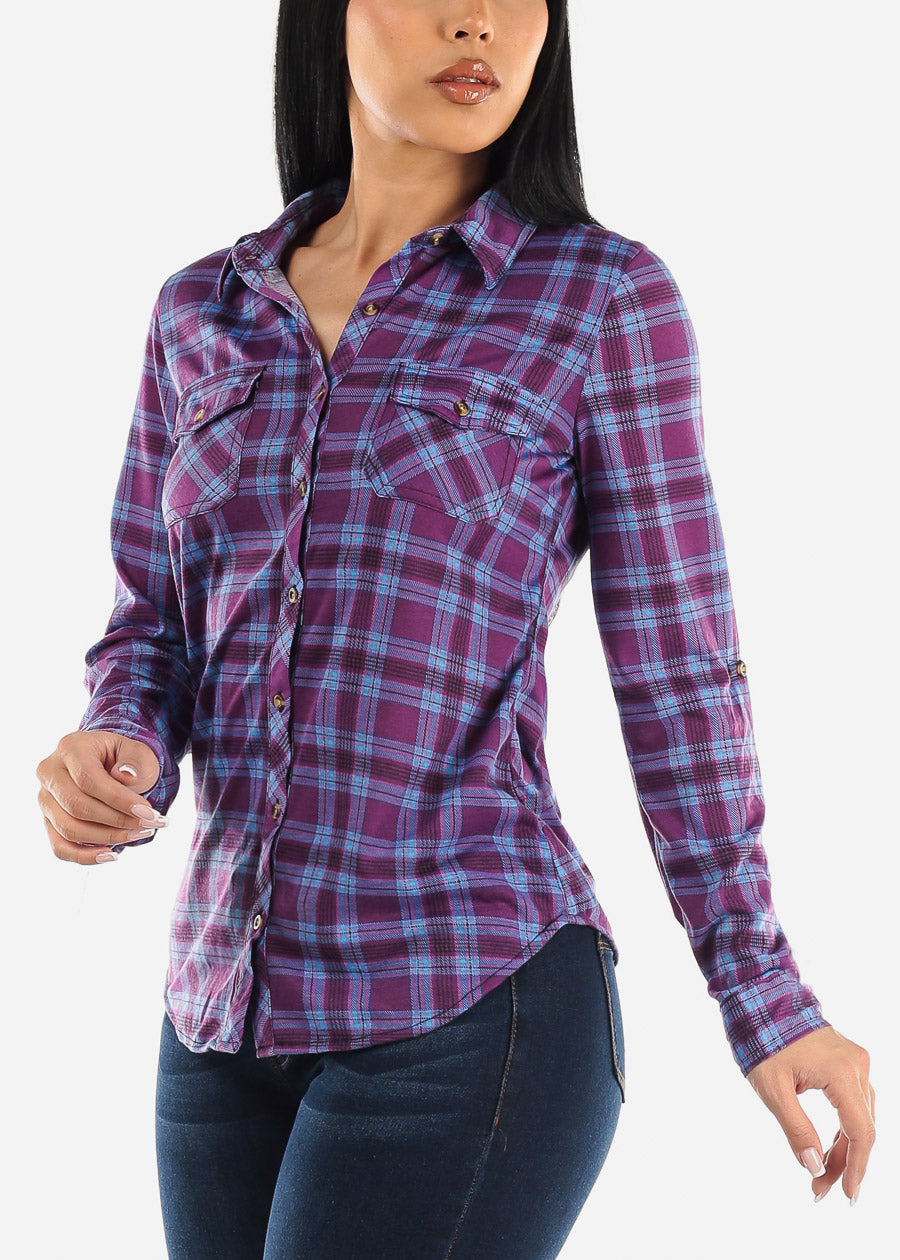 Long Sleeve Button Up Plaid Shirt Purple & Blue
