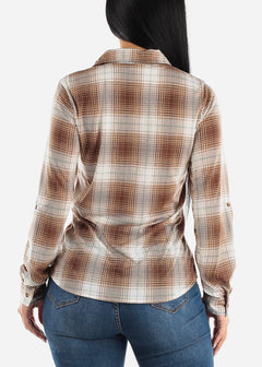 Long Sleeve Button Up Plaid Shirt Taupe & Sage