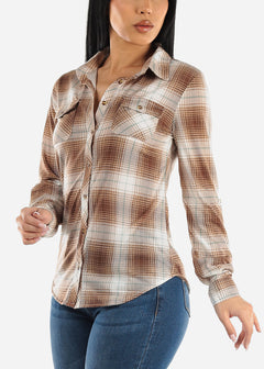 Long Sleeve Button Up Plaid Shirt Taupe & Sage