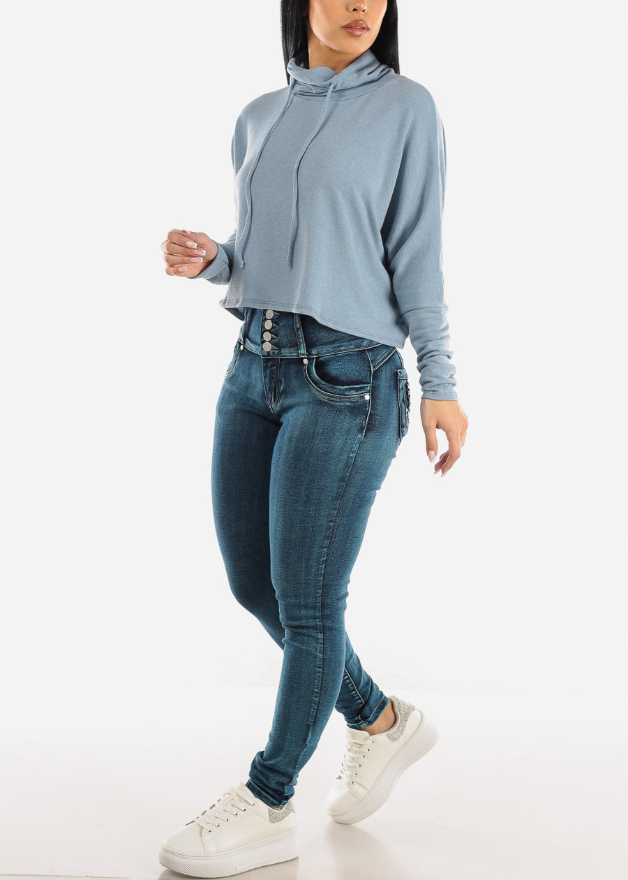 Long Dolman Sleeve Turtleneck Cropped Pullover Blue