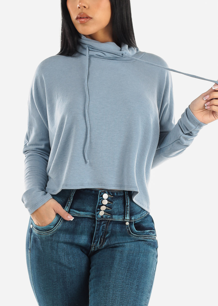 Long Dolman Sleeve Turtleneck Cropped Pullover Blue