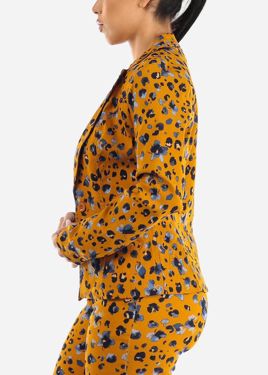 Print Long Sleeve Two Button Blazer Mustard