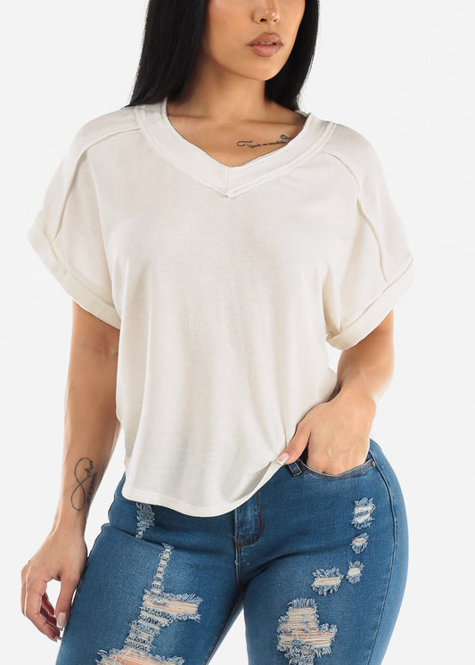 Short Sleeve Vneck Soft Terry Top Ivory