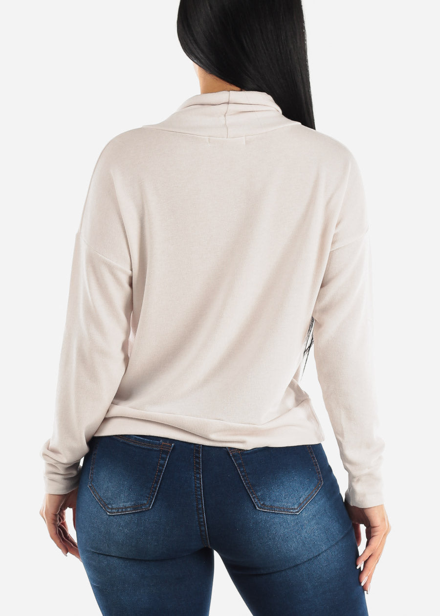 Long Sleeve Turtleneck Soft Terry Sweatshirt Beige