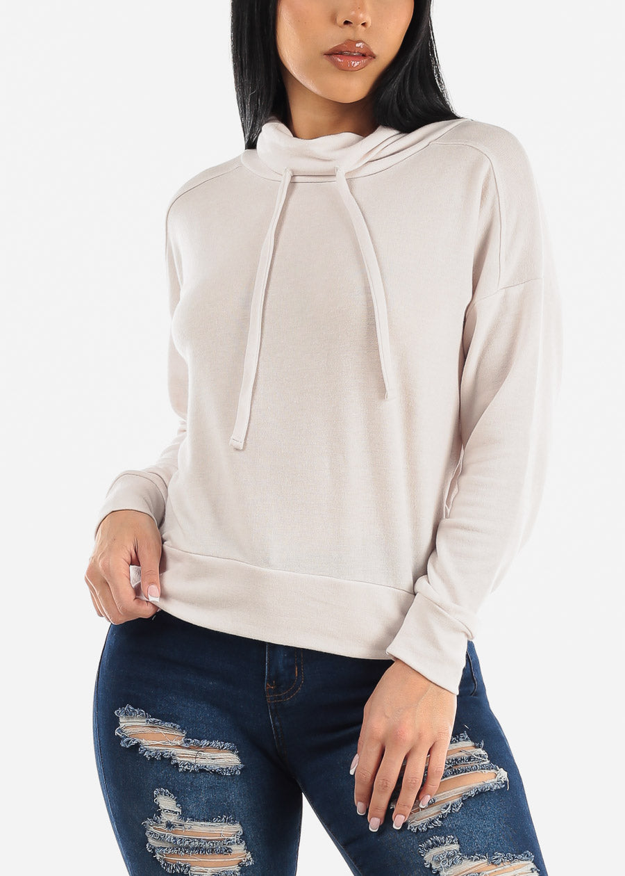 Long Sleeve Cowlneck Soft Terry Sweatshirt Beige