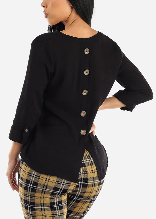 Black Quarter Sleeve Vneck Woven Blouse w Back Buttons