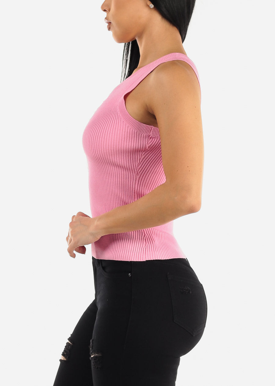 Sleeveless Ribbed Stretchy Pink Tank Top