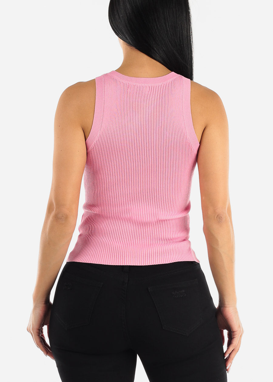 Sleeveless Ribbed Stretchy Pink Tank Top