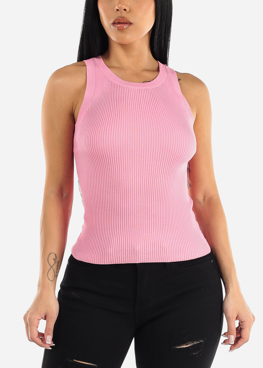 Sleeveless Ribbed Stretchy Pink Tank Top