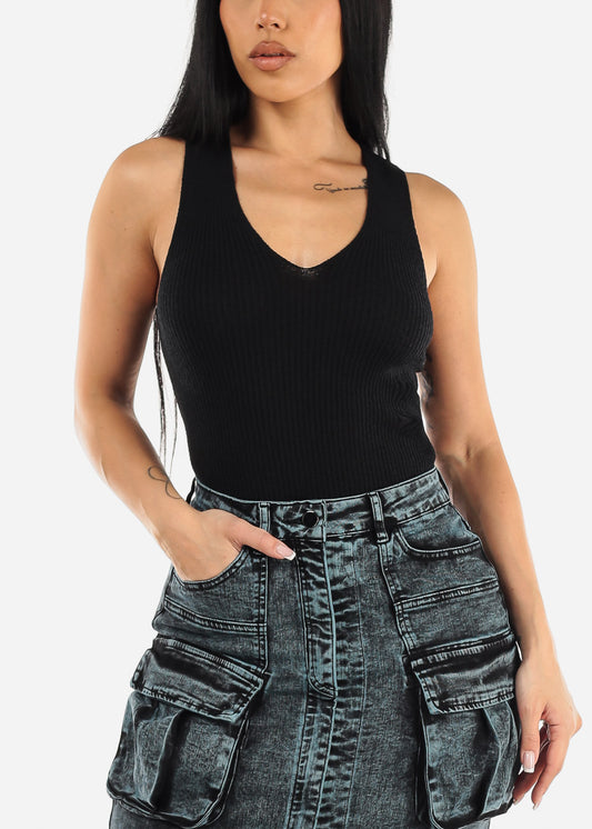 Sleeveless Black Vneck Knit Tank Top