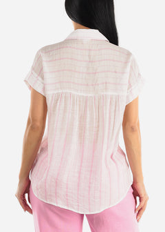 Short Sleeve Button Up Stripe Shirt White & Pink