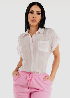 Short Sleeve Button Up Stripe Shirt White & Pink