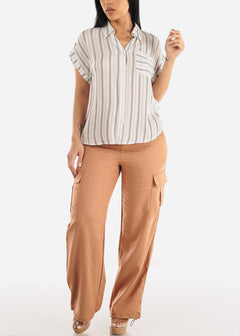 Stripe Short Cap Sleeve Button Up Shirt Ivory & Brown