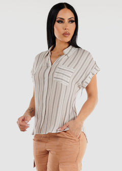 Stripe Short Cap Sleeve Button Up Shirt Ivory & Brown
