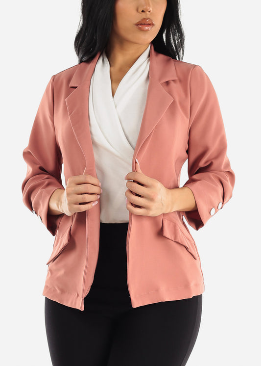 Open Front Quarter Sleeve Blazer Mauve w Buttons Detail