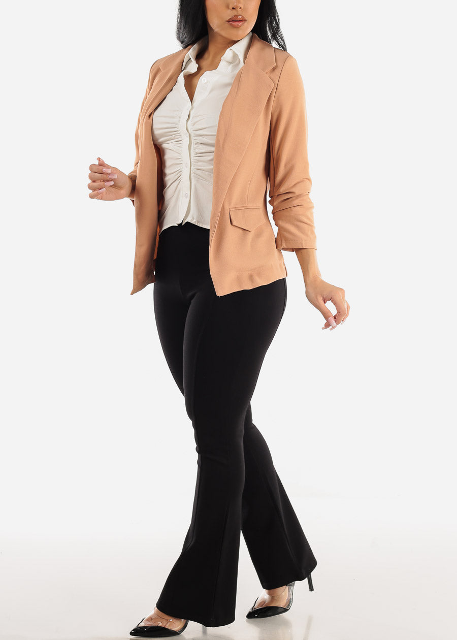 Ruched Quarter Sleeve Open Front Blazer Khaki