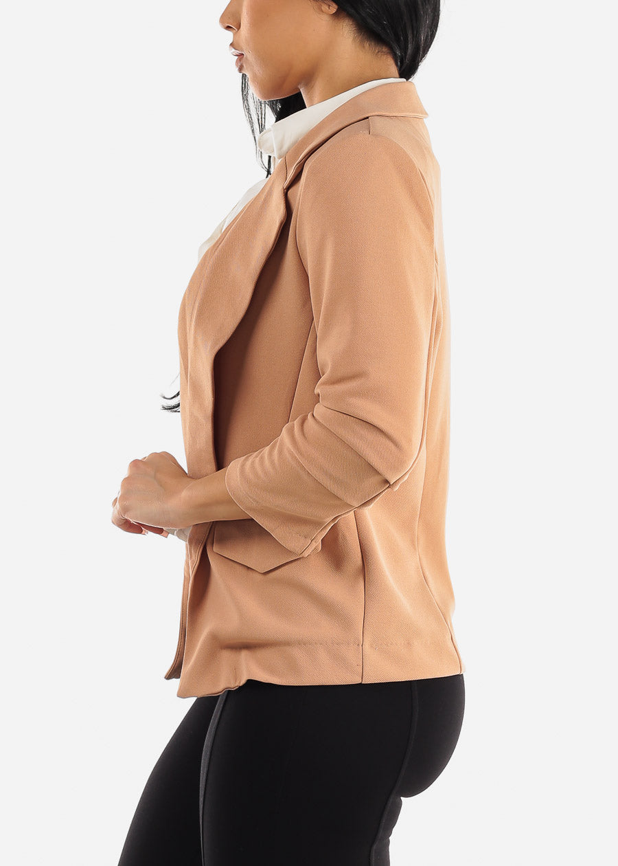 Ruched Quarter Sleeve Open Front Blazer Khaki