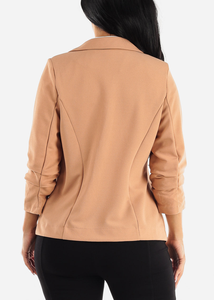 Ruched Quarter Sleeve Open Front Blazer Khaki