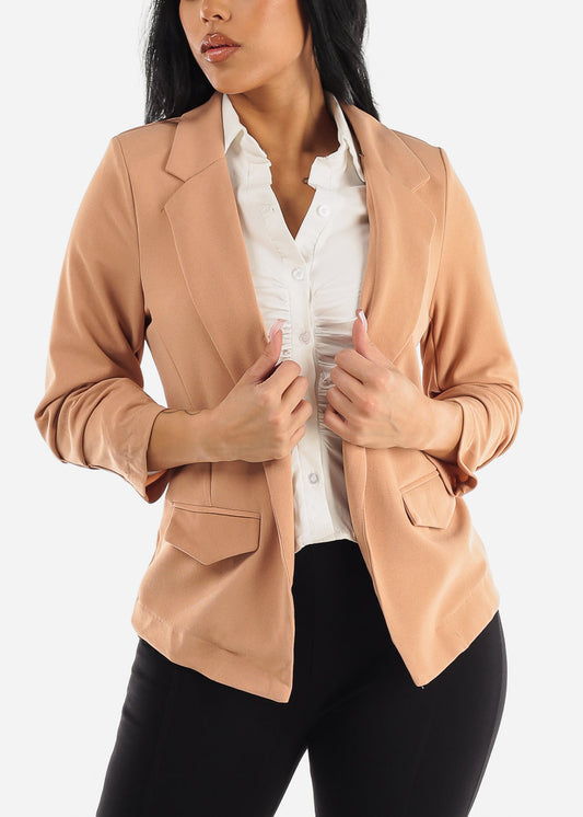 Ruched Quarter Sleeve Open Front Blazer Khaki