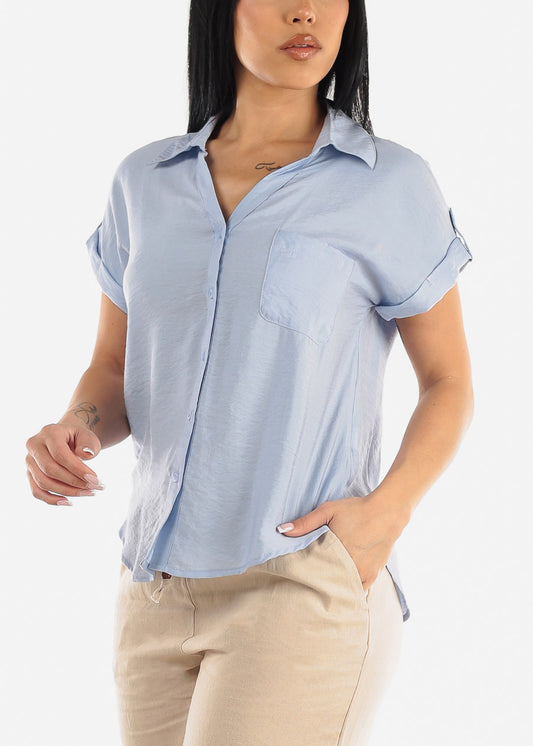 Cap Sleeve Button Down Shirt Light Blue