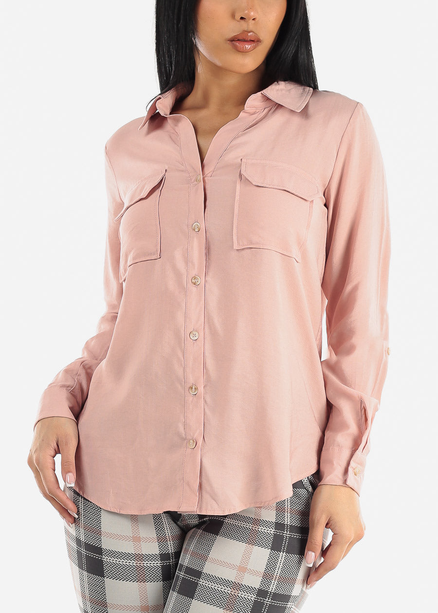 Button Down Long Sleeve Pink Shirt w Pockets