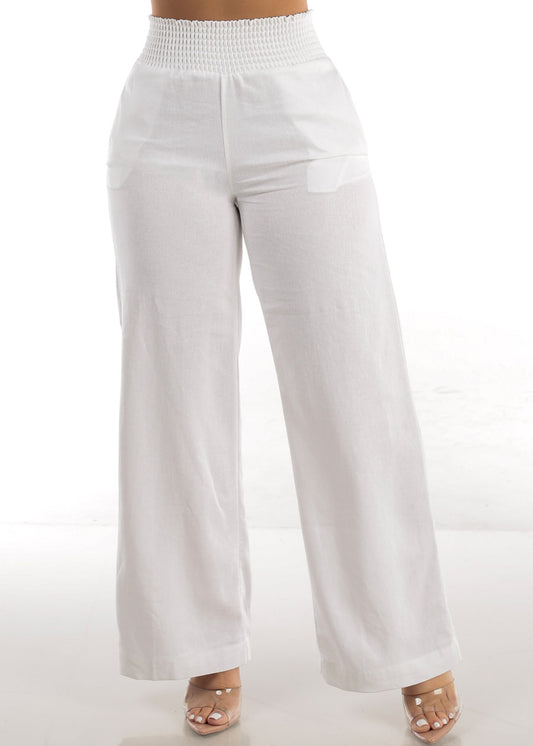 White Spandex Waist Wide Leg Linen Pants