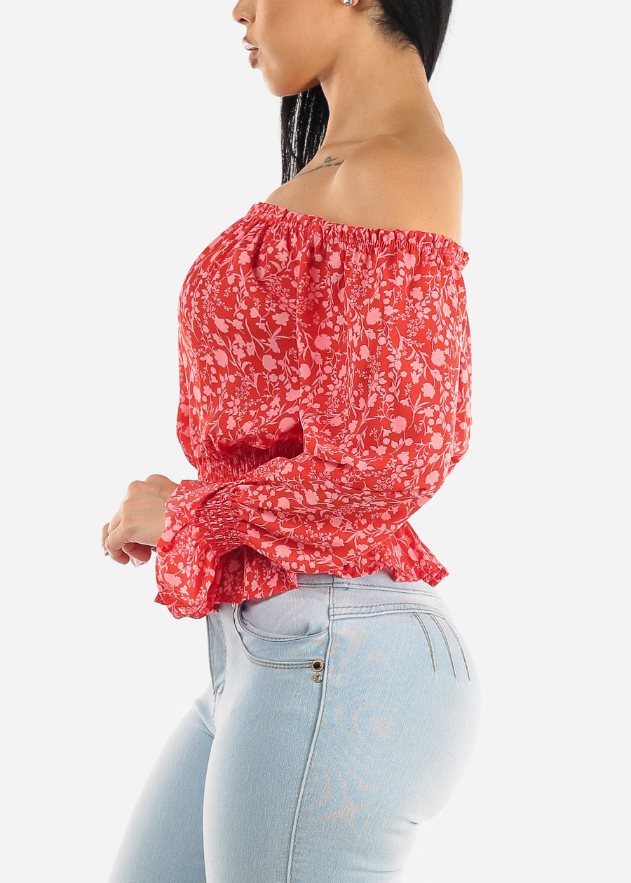 Off Shoulder Smocked Waist Floral Top Red