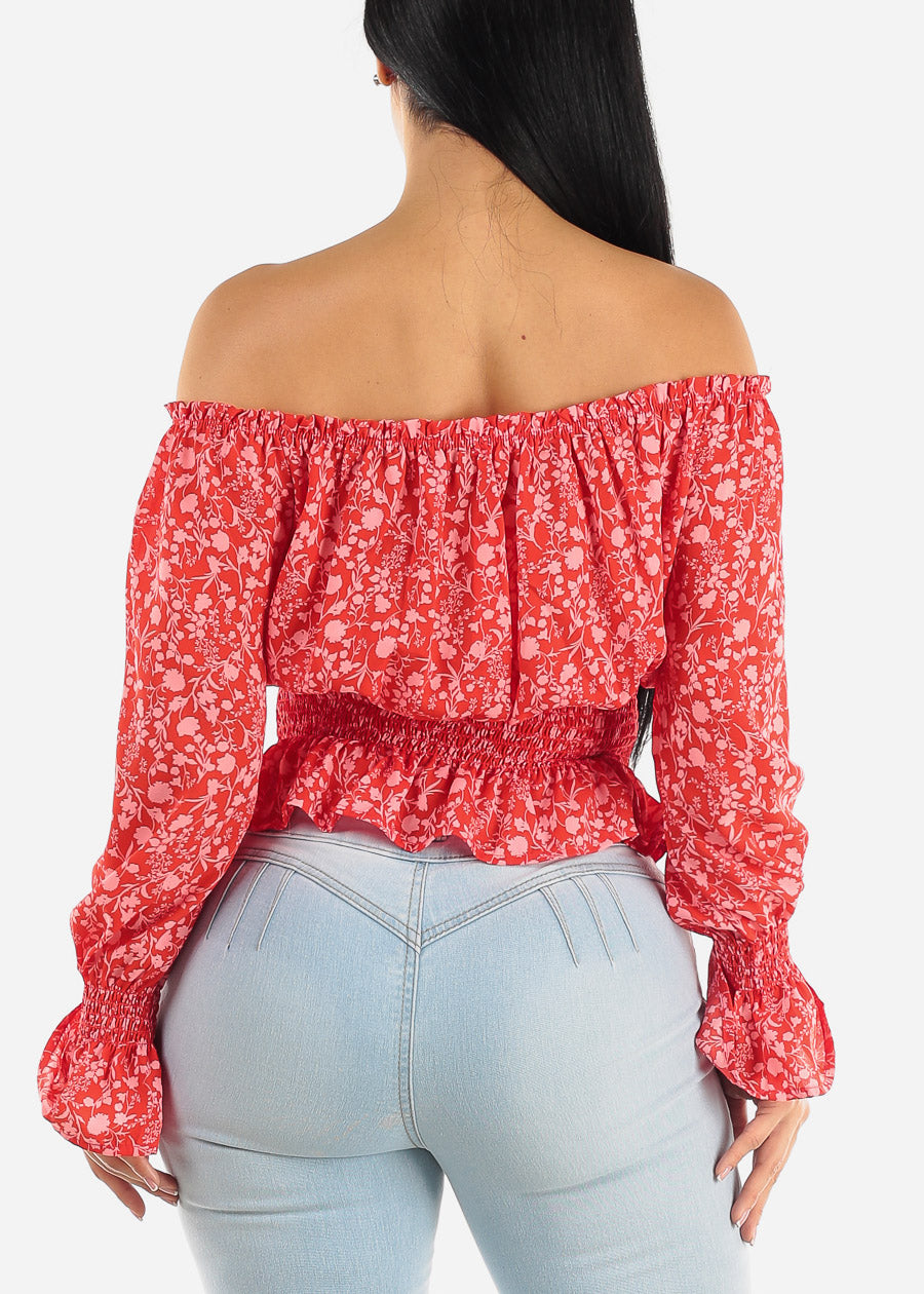 Off Shoulder Smocked Waist Floral Top Red