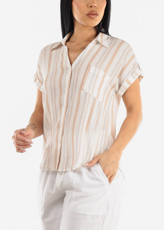 Stripe Button Up Short Sleeve Shirt Khaki