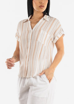Stripe Button Up Short Sleeve Shirt Khaki