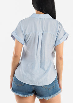 Short Sleeve Round Hem Collared Blouse Light Blue w Pockets