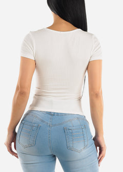 White Short Sleeve Surplice Ribbed Top