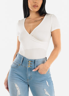 White Short Sleeve Surplice Ribbed Top