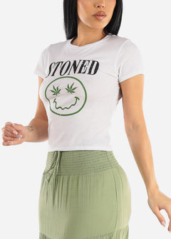Short Sleeve White Graphic Crop Top "Stoned"