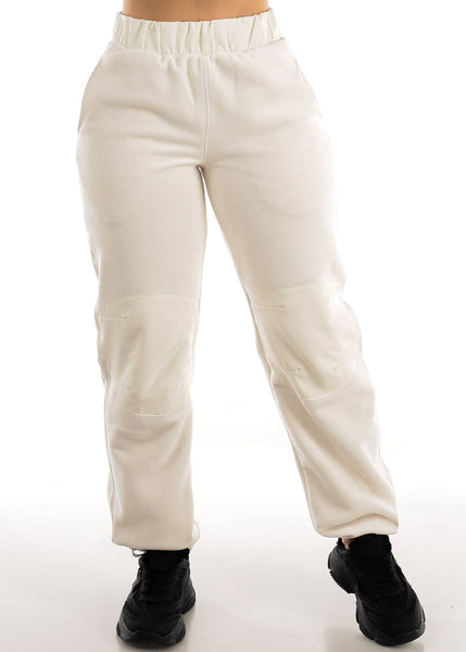 Ivory Fleece Wide Leg Pants with Bungee Hem