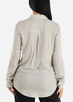Long Sleeve Button Up Woven Stripe Shirt Black & White
