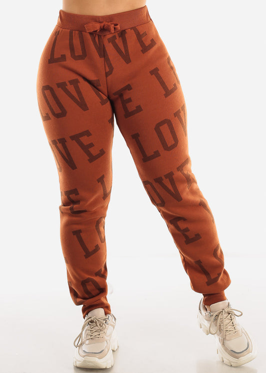 Fleece Drawstring Waist Jogger Sweatpants Rust "Love"