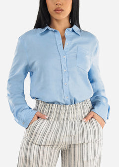Linen Long Sleeve Button Up Light Blue Shirt