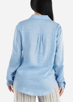 Linen Long Sleeve Button Up Light Blue Shirt
