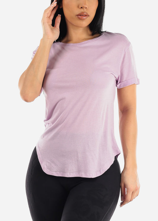 Cuffed Short Sleeve Round Hem Oversized Top Lilac