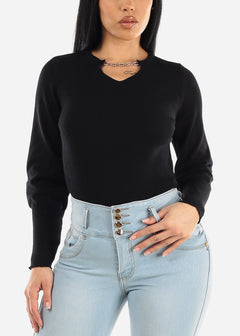 Long Sleeve Black V-Neck Sweater Top w Chain Detail
