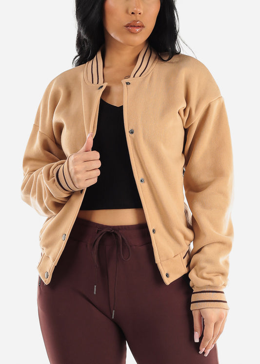 Long Sleeve Varsity Fleece Bomber Jacket Khaki