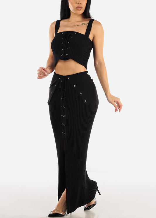 Rib Knit Crop Top & Maxi Skirt Black (2 PCE SET)