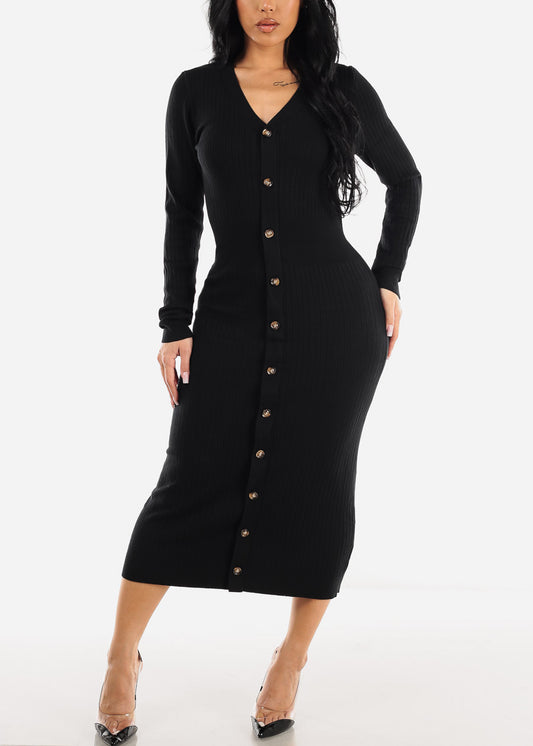 Vneck Black Long Sleeve Bodycon Sweater Midi Dress