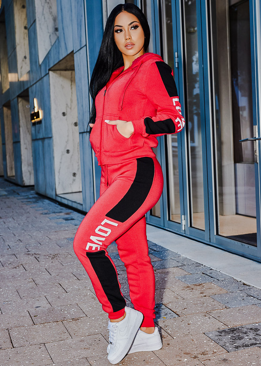 Fleece High Waist Jogger Sweatpants Red "Love"