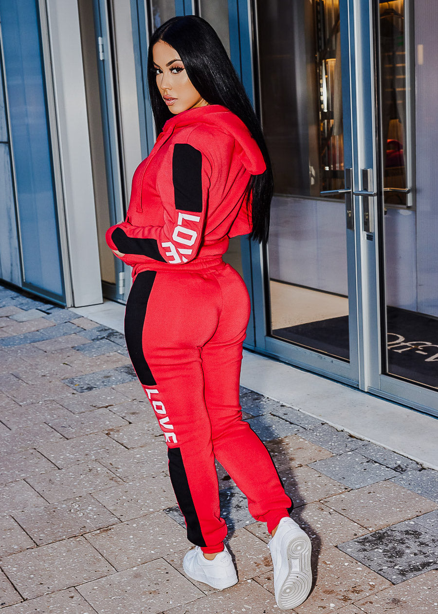 Fleece High Waist Jogger Sweatpants Red "Love"